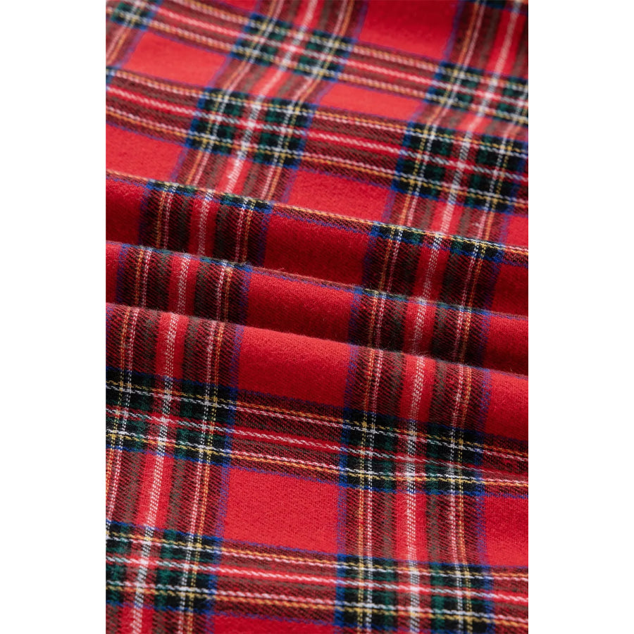 Christmas Plaid V Neck 3/4 Sleeve Tie Waist Ruffle Hem Midi Dress Apparel and Accessories