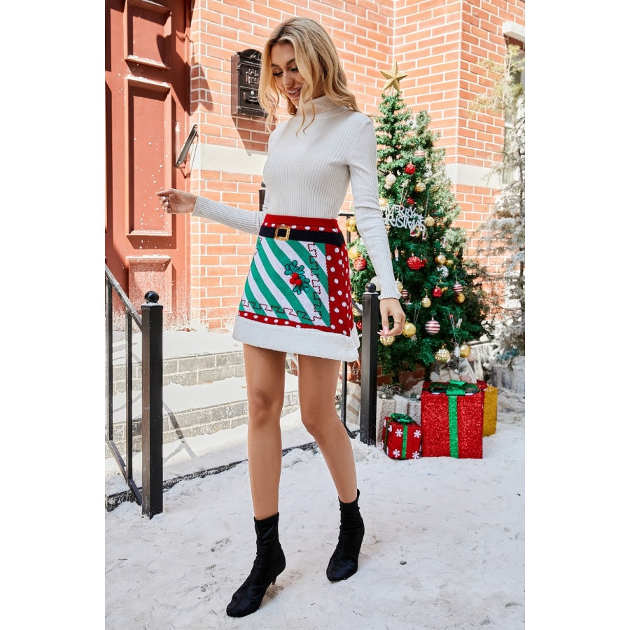 Christmas Pompom Trim Knit Skirt