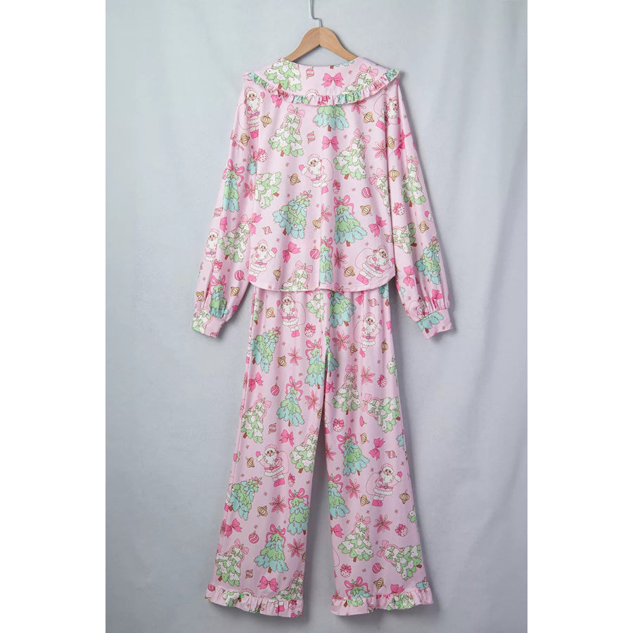 Christmas Print Button Front Long Sleeve Lounge Set Apparel and Accessories