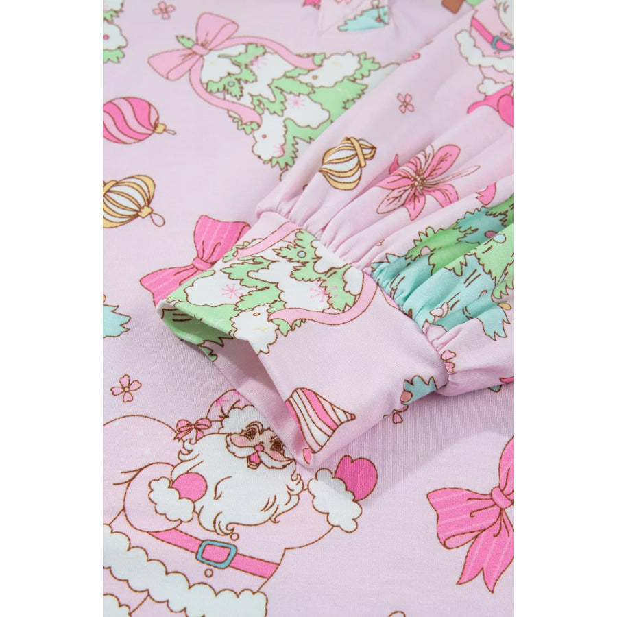 Christmas Print Button Front Long Sleeve Lounge Set Apparel and Accessories