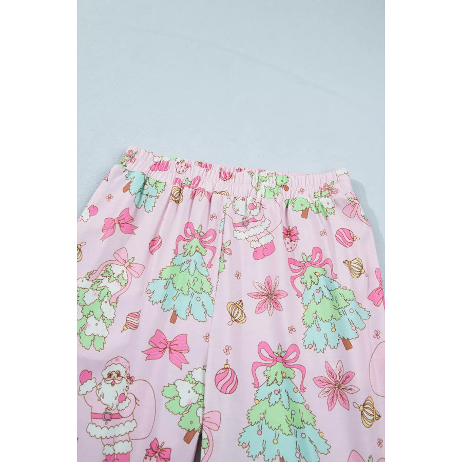 Christmas Print Button Front Long Sleeve Lounge Set Apparel and Accessories