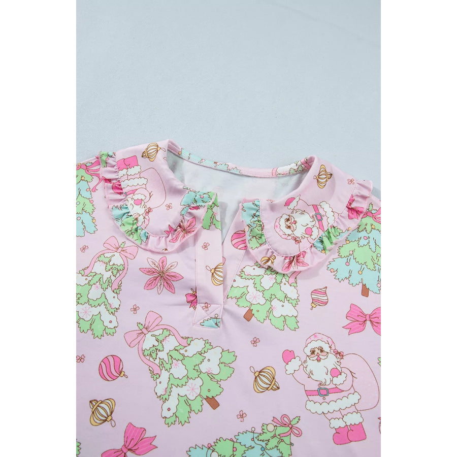 Christmas Print Button Front Long Sleeve Lounge Set Apparel and Accessories