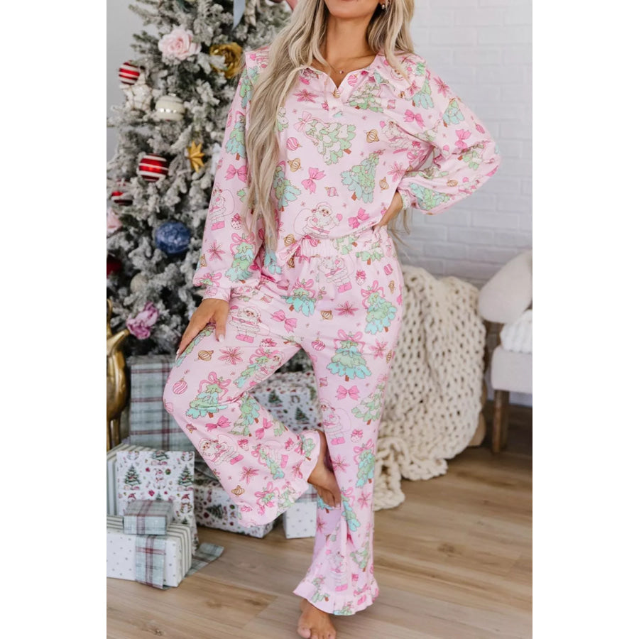 Christmas Print Button Front Long Sleeve Lounge Set Apparel and Accessories
