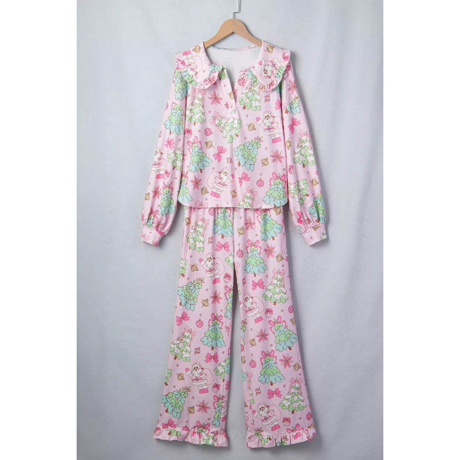 Christmas Print Button Front Long Sleeve Lounge Set Apparel and Accessories
