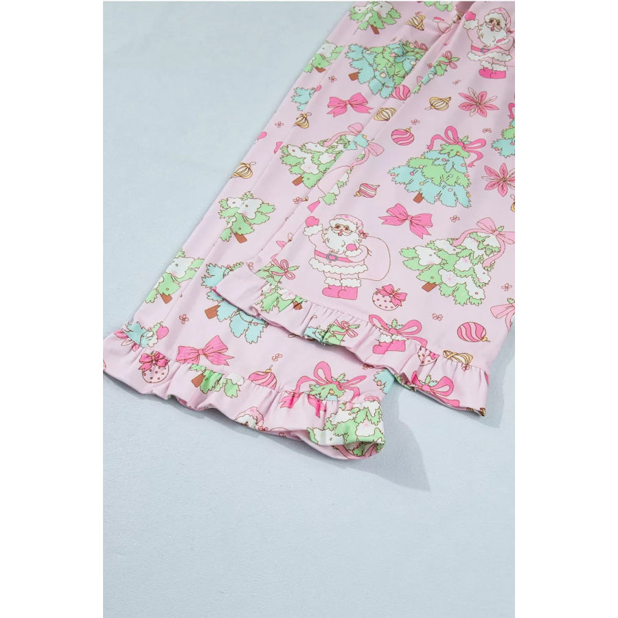 Christmas Print Button Front Long Sleeve Lounge Set Apparel and Accessories