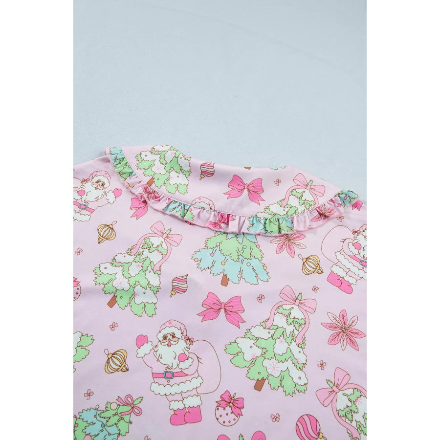 Christmas Print Button Front Long Sleeve Lounge Set Apparel and Accessories