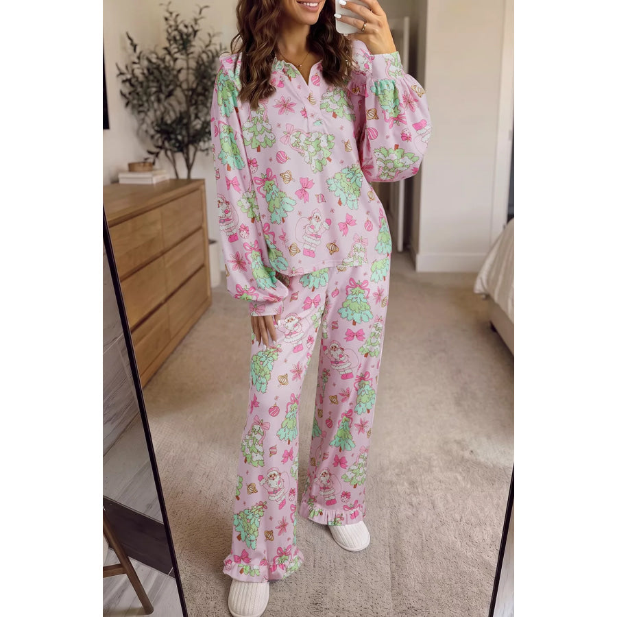 Christmas Print Button Front Long Sleeve Lounge Set Apparel and Accessories