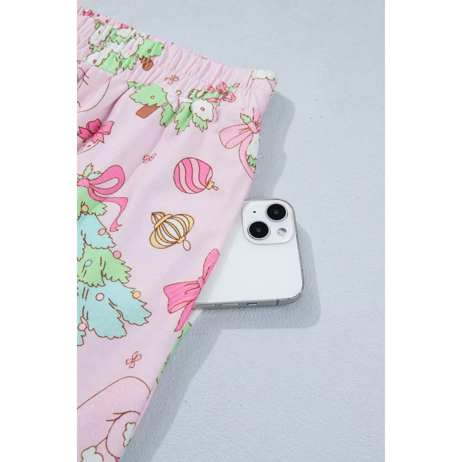 Christmas Print Button Front Long Sleeve Lounge Set Apparel and Accessories