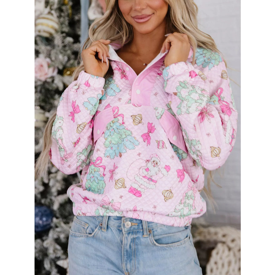 Christmas Print Collar Half Button Loose Sweatshirt Apparel and Accessories