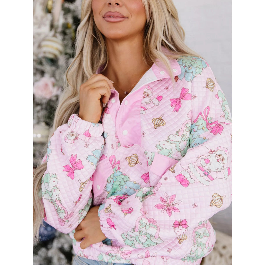 Christmas Print Collar Half Button Loose Sweatshirt Apparel and Accessories