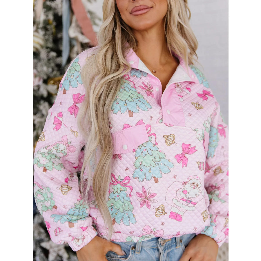 Christmas Print Collar Half Button Loose Sweatshirt Apparel and Accessories