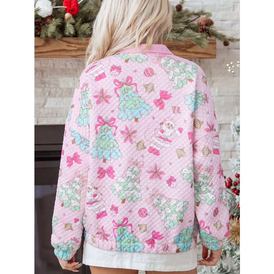Christmas Print Collar Half Button Loose Sweatshirt Apparel and Accessories