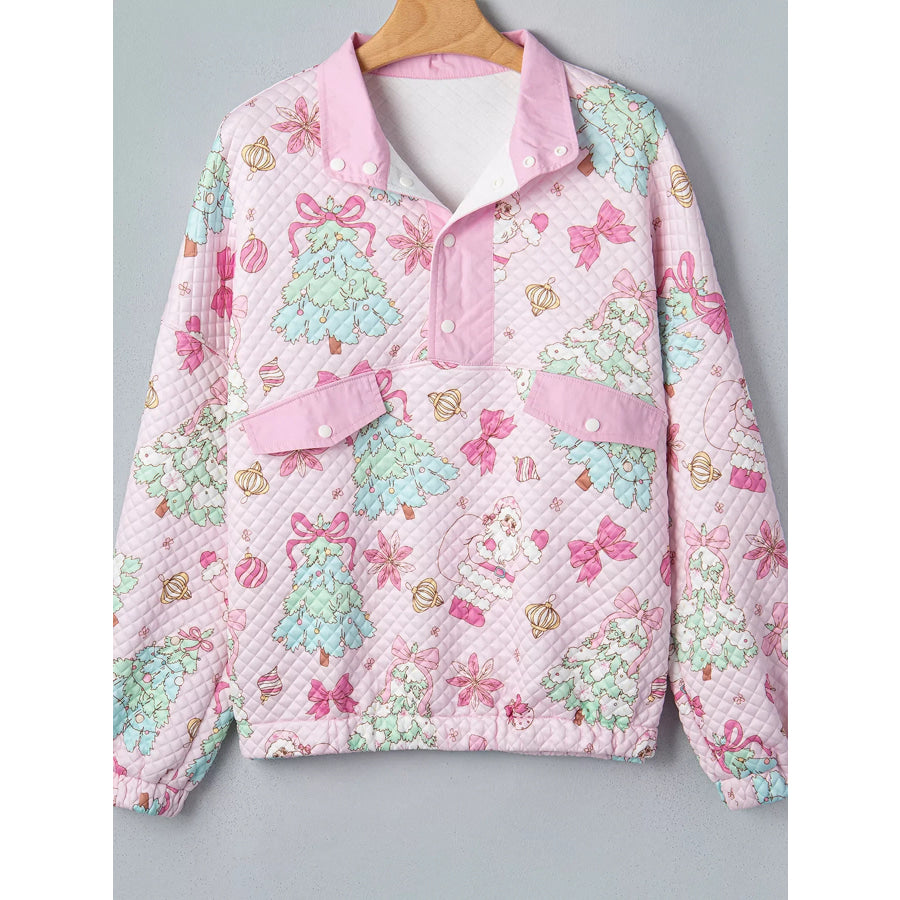 Christmas Print Collar Half Button Loose Sweatshirt Apparel and Accessories