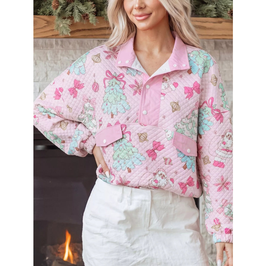 Christmas Print Collar Half Button Loose Sweatshirt Blush Pink / S Apparel and Accessories