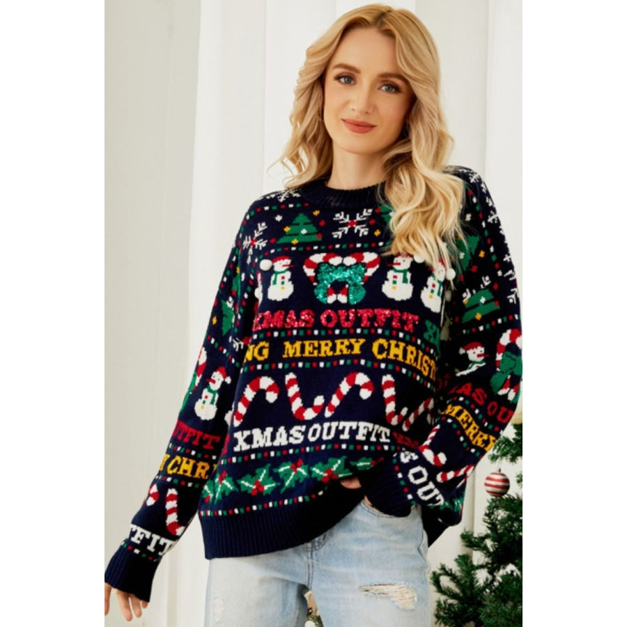 Christmas Print Crewneck Dropped Shoulder Sweater Navy / S
