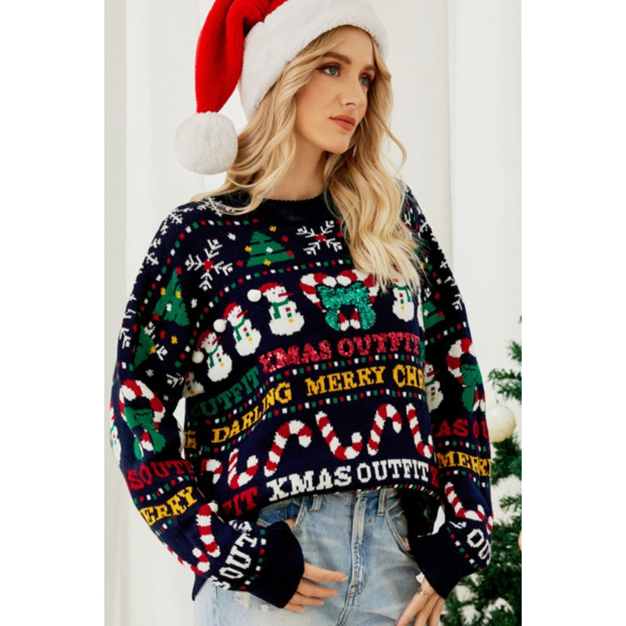 Christmas Print Crewneck Dropped Shoulder Sweater Navy / S