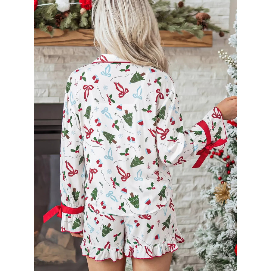 Christmas Print Ruffle Cuff Long Sleeve Lounge Set White / S Apparel and Accessories
