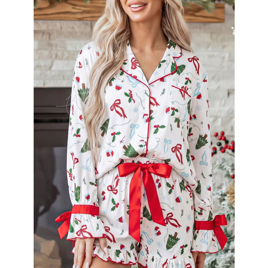 Christmas Print Ruffle Cuff Long Sleeve Lounge Set White / S Apparel and Accessories