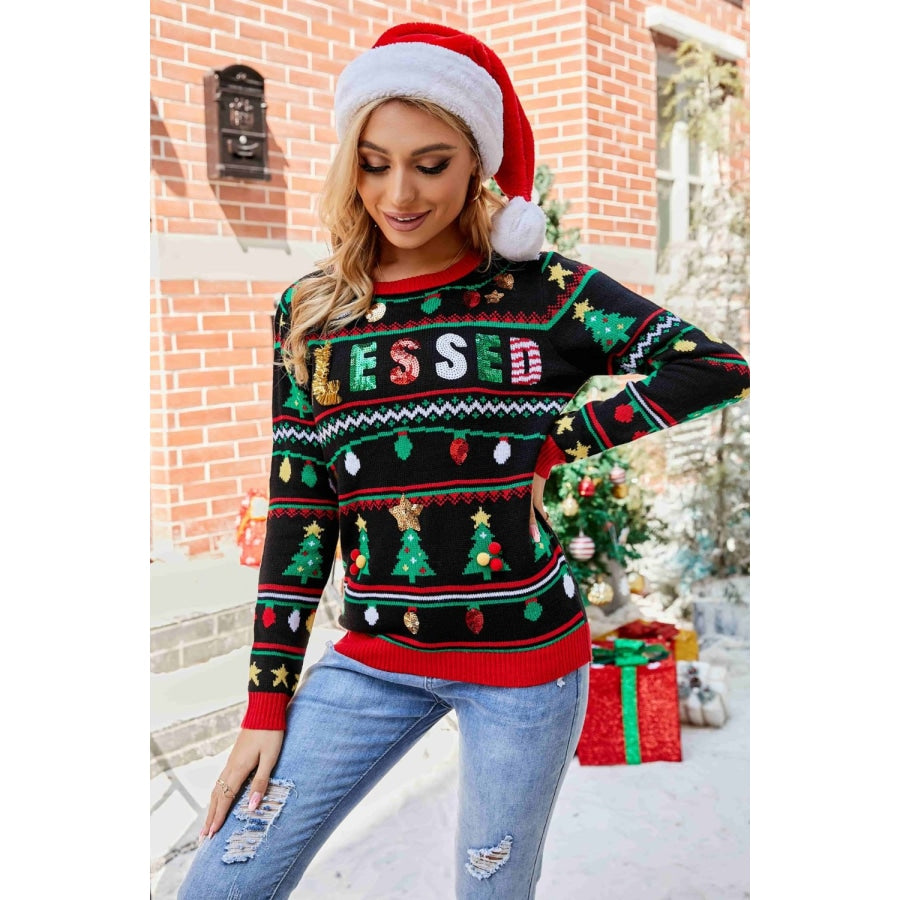 Christmas Print Sequin Round Neck Sweater