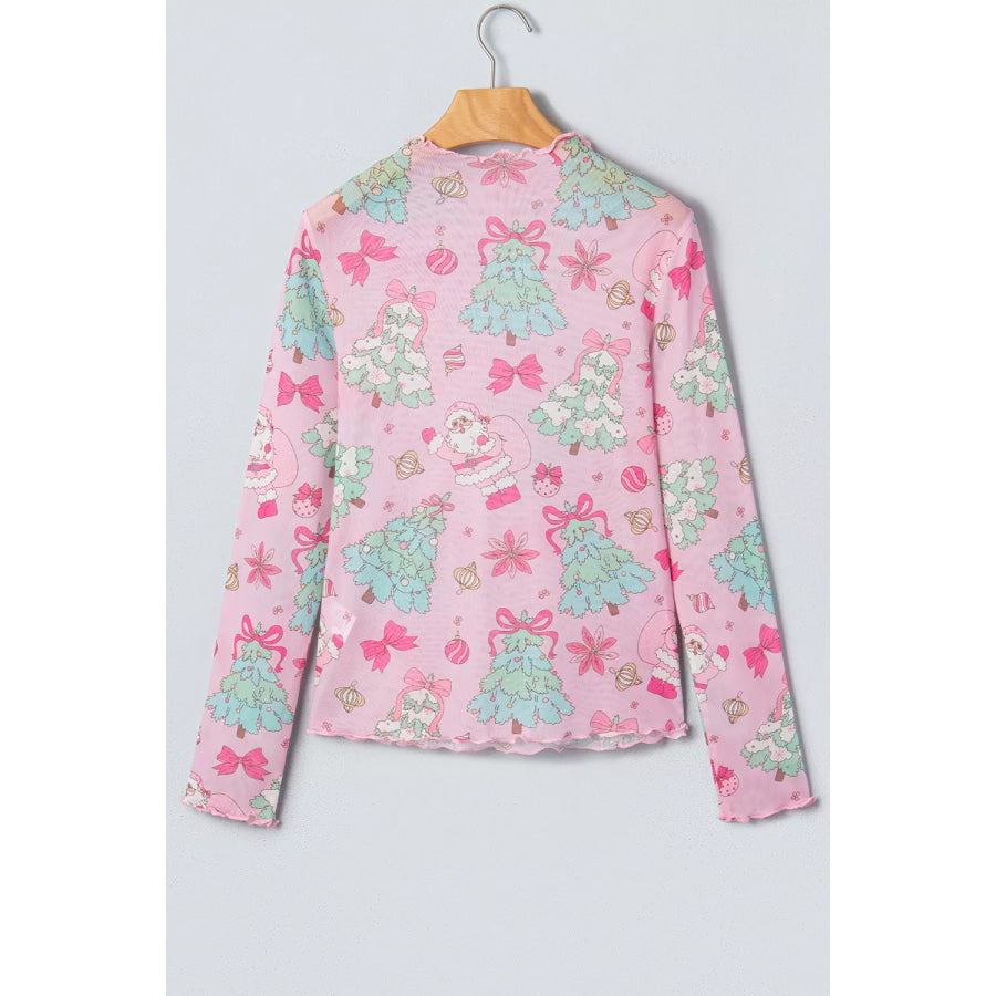 Christmas Print Sheer Mesh Slim Fit Long Sleeve Top Apparel and Accessories