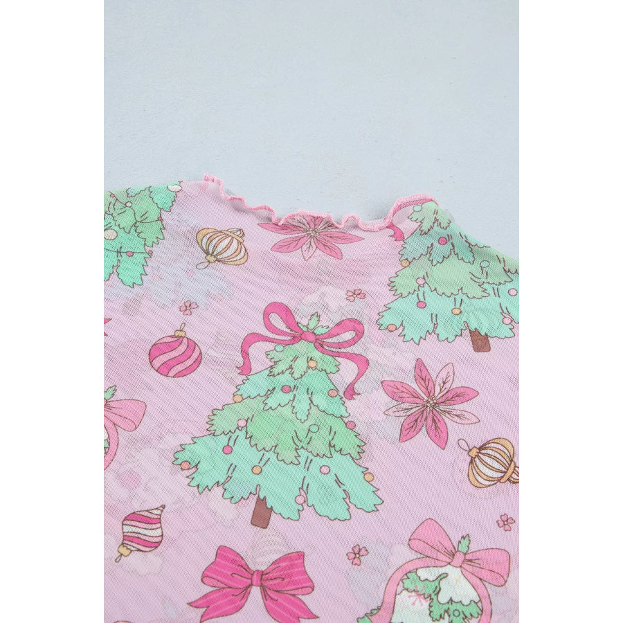 Christmas Print Sheer Mesh Slim Fit Long Sleeve Top Apparel and Accessories