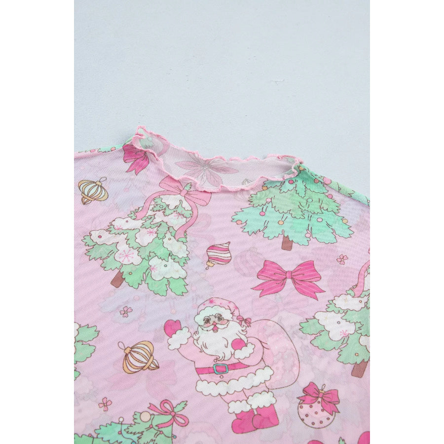 Christmas Print Sheer Mesh Slim Fit Long Sleeve Top Apparel and Accessories