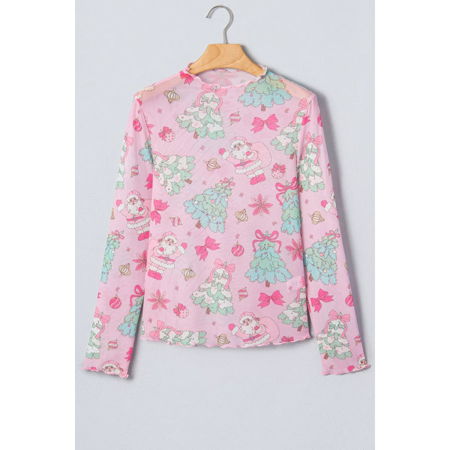 Christmas Print Sheer Mesh Slim Fit Long Sleeve Top Apparel and Accessories