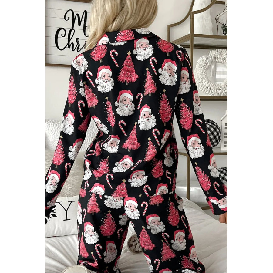 Christmas Printed Collared Neck Top and Pants Lounge Set Apparel and Accessories