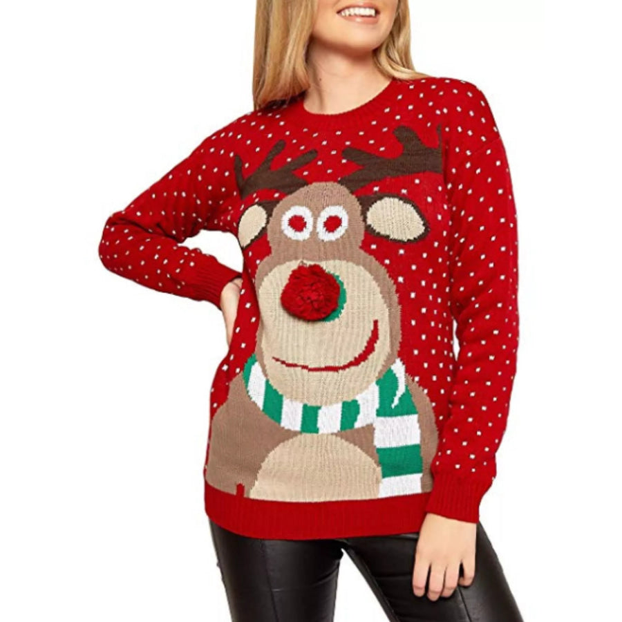 Christmas Reindeer Graphic Round Neck Sweater Apparel and Accessories
