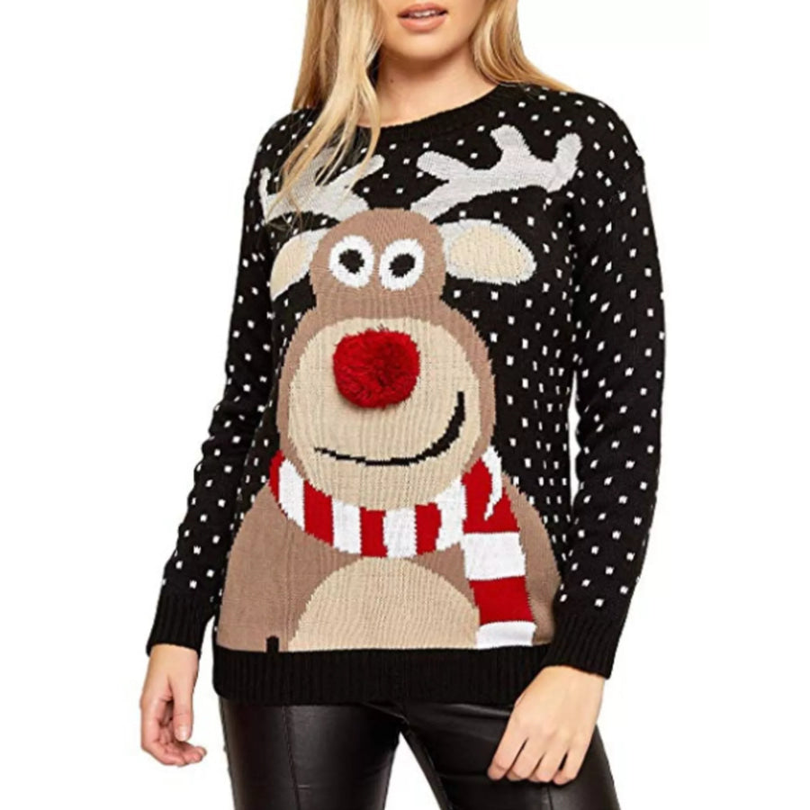 Christmas Reindeer Graphic Round Neck Sweater Black / S Apparel and Accessories