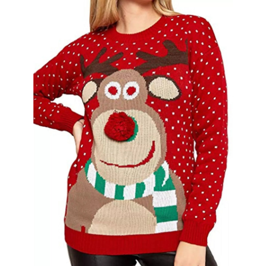 Christmas Reindeer Graphic Round Neck Sweater Apparel and Accessories