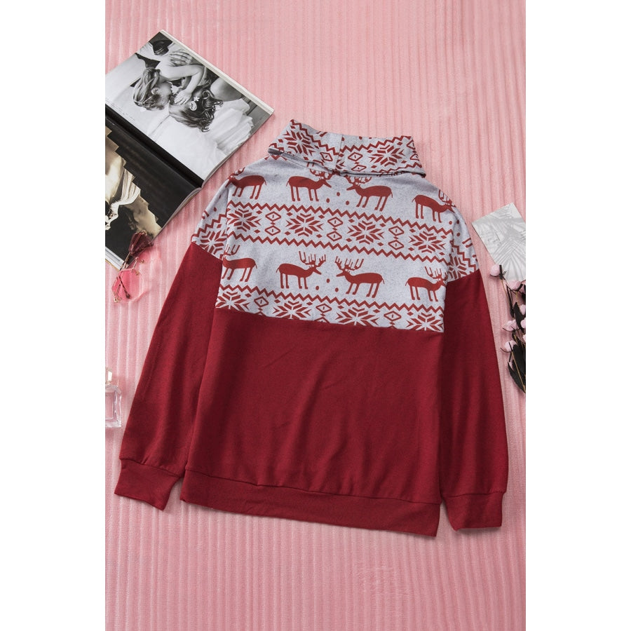 Christmas Reindeer Print Turtleneck Sweatshirt Red/Gray / S