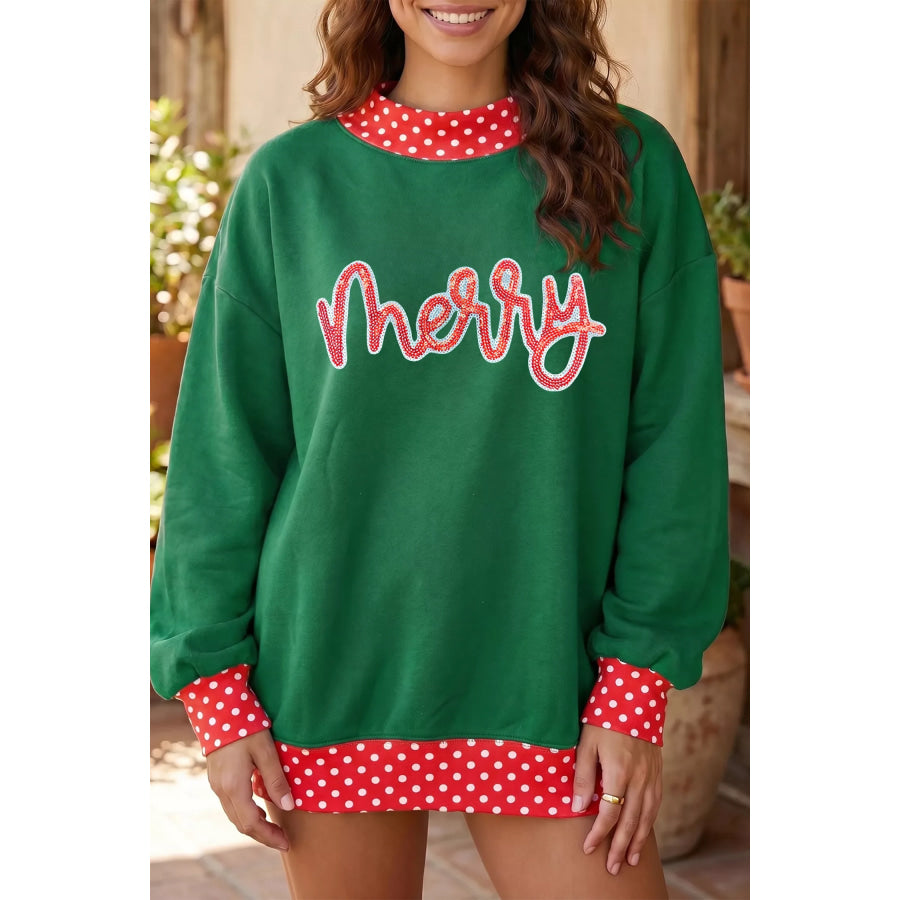 Christmas Sequin Merry Slogan Tunic Holiday Sweatshirt Dark Green / S Apparel and Accessories