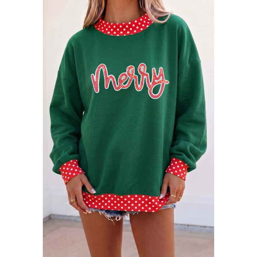 Christmas Sequin Merry Slogan Tunic Holiday Sweatshirt Dark Green / S Apparel and Accessories