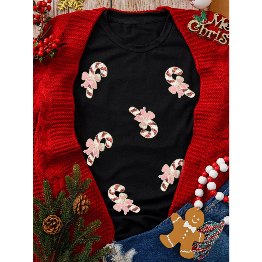 Christmas Sequined Candy Cane Patched Pattern Holiday T Shirt Apparel and Accessories