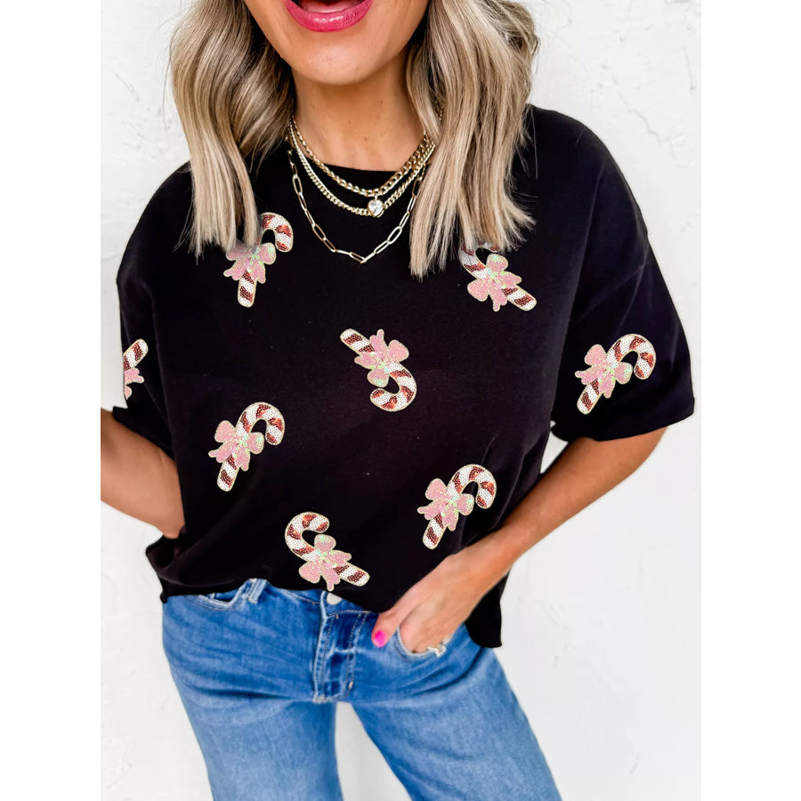 Christmas Sequined Candy Cane Patched Pattern Holiday T Shirt Black / S Apparel and Accessories