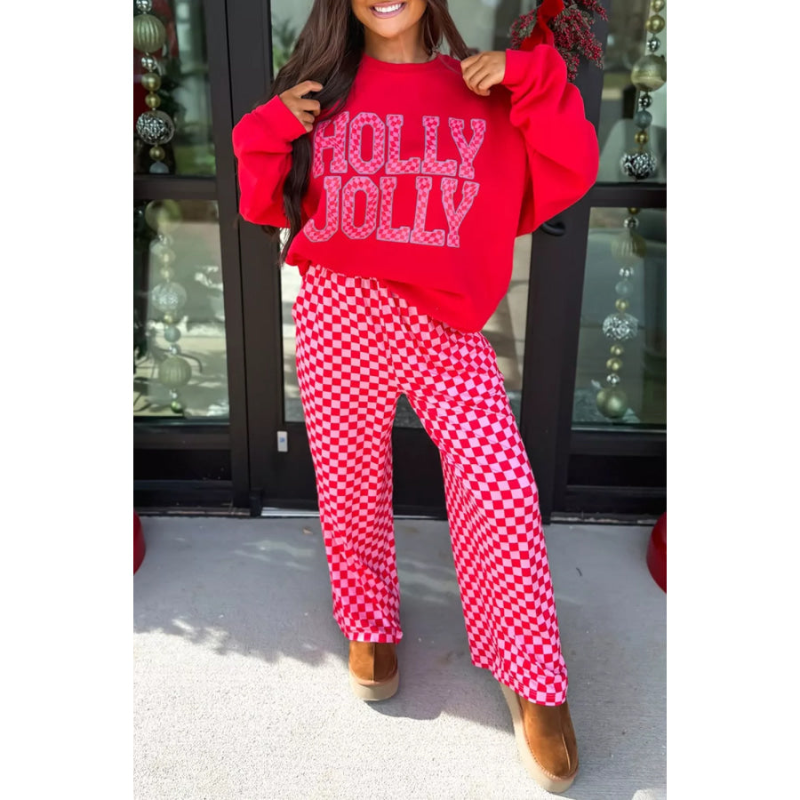 Christmas Slogan Graphic Plaid Contrast Top and Pants Set Red / S Apparel and Accessories