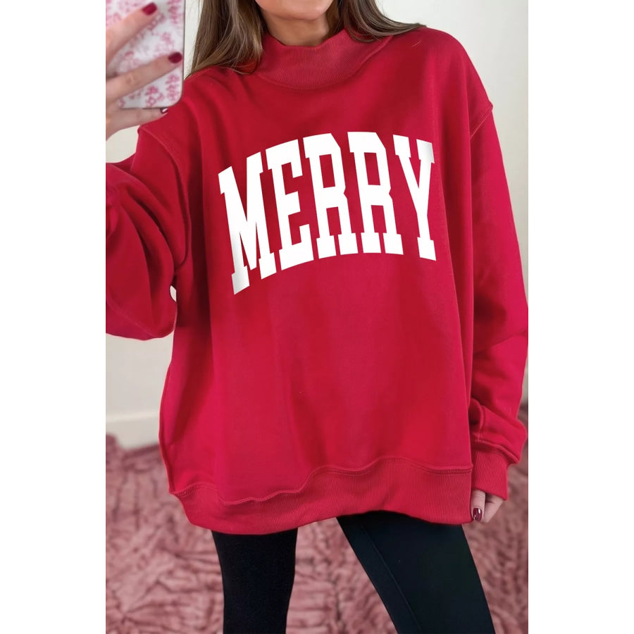 Christmas Slogan MERRY High Neck Tunic Holiday Sweatshirt Apparel and Accessories