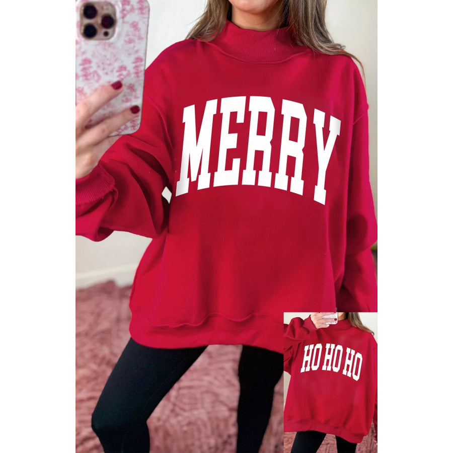 Christmas Slogan MERRY High Neck Tunic Holiday Sweatshirt Apparel and Accessories