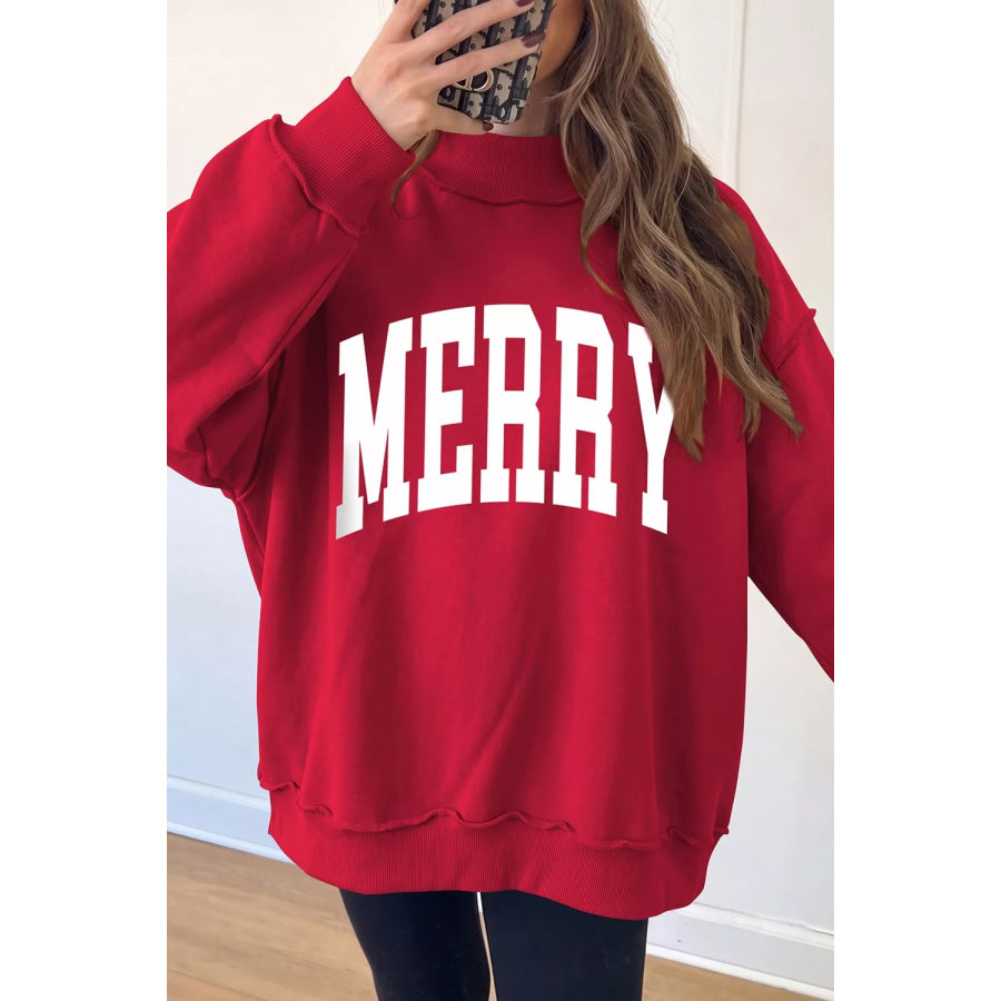 Christmas Slogan MERRY High Neck Tunic Holiday Sweatshirt Apparel and Accessories
