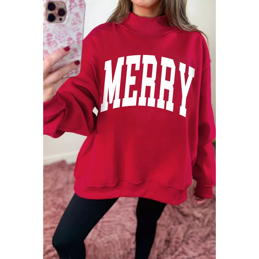 Christmas Slogan MERRY High Neck Tunic Holiday Sweatshirt Deep Red / S Apparel and Accessories