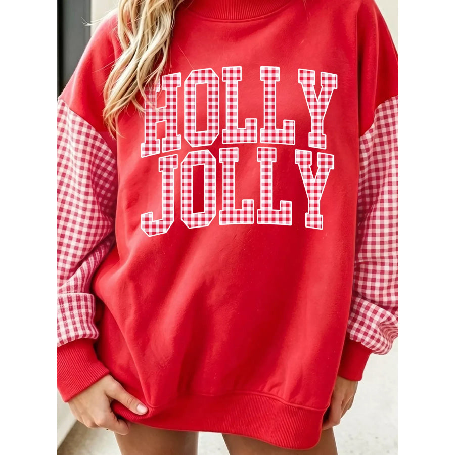 Christmas Slogan Plaid Sleeve Patchwork Holiday Sweatshirt Apparel and Accessories