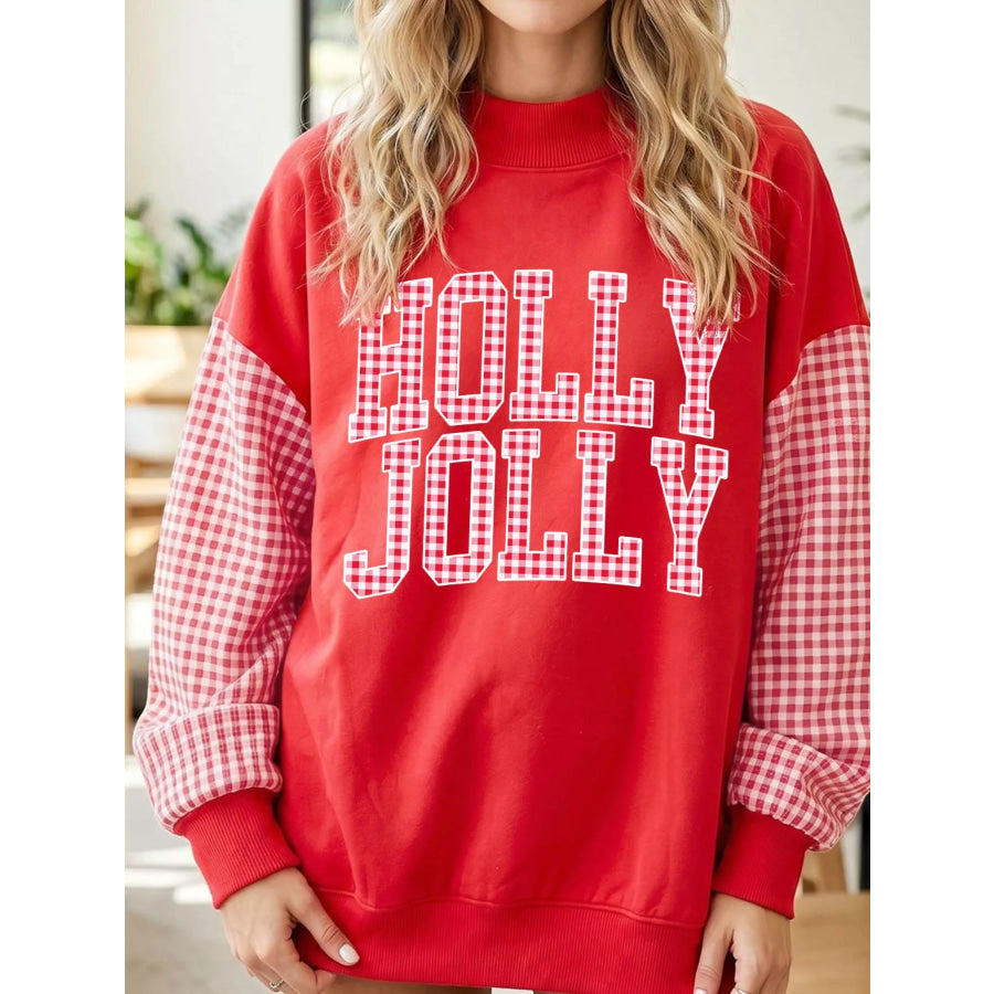 Christmas Slogan Plaid Sleeve Patchwork Holiday Sweatshirt Scarlet / S Apparel and Accessories