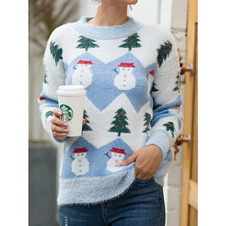 Christmas Snowman Dropped Shoulder Sweater Blue / S Apparel and Accessories