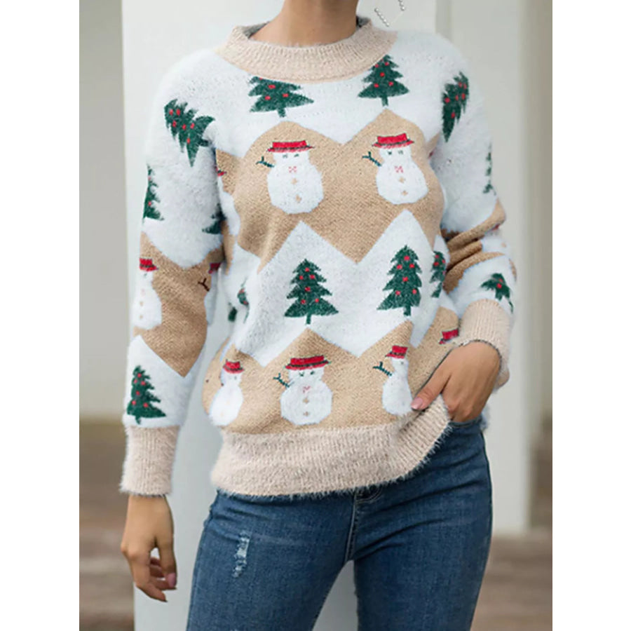 Christmas Snowman Dropped Shoulder Sweater Khaki / S Apparel and Accessories