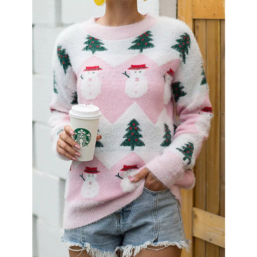 Christmas Snowman Dropped Shoulder Sweater Pink / S Apparel and Accessories