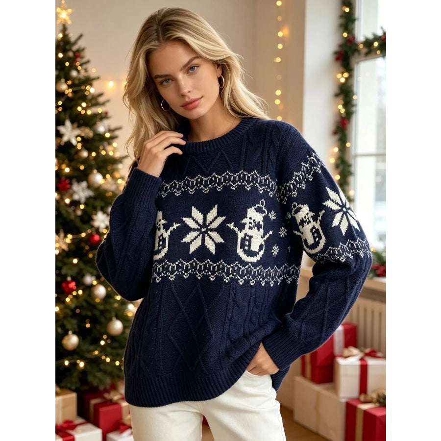Christmas Snowman Pattern Cable Knit Sweater Apparel and Accessories