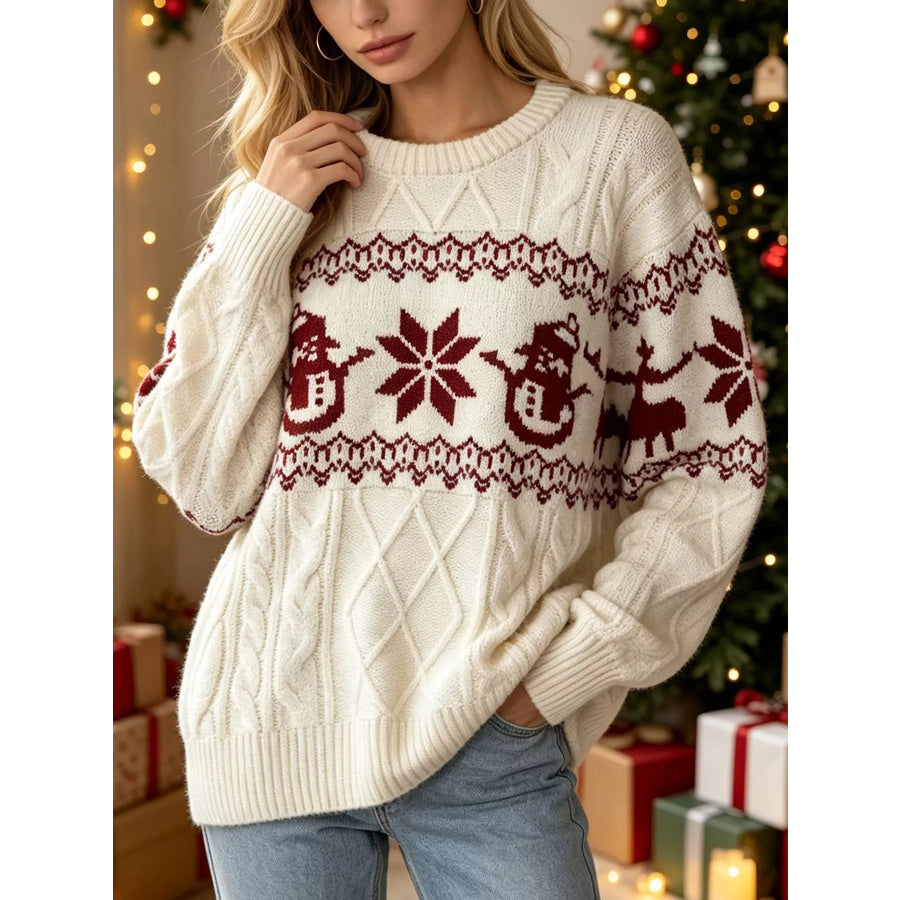 Christmas Snowman Pattern Cable Knit Sweater Apparel and Accessories
