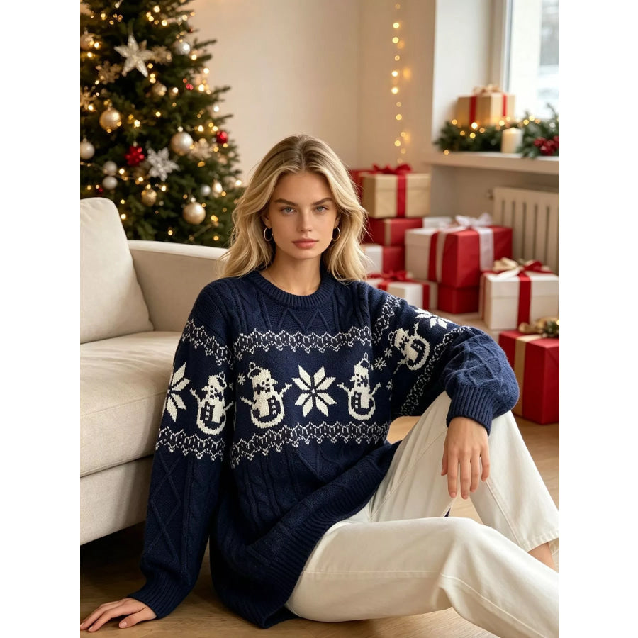Christmas Snowman Pattern Cable Knit Sweater Apparel and Accessories