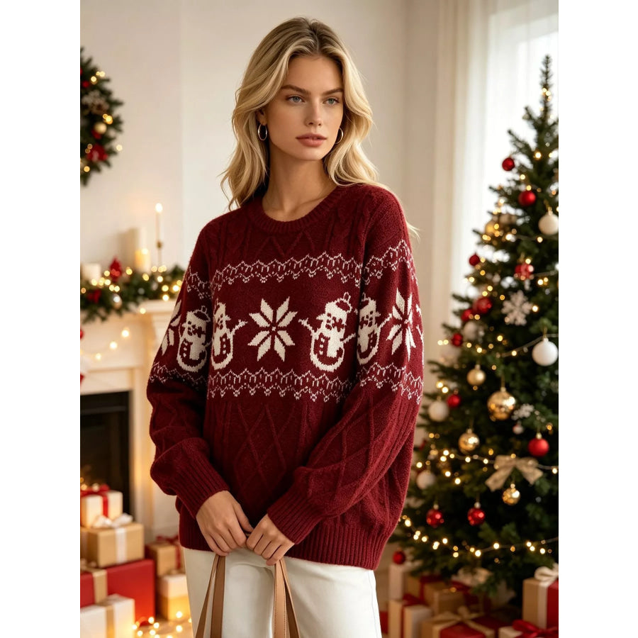 Christmas Snowman Pattern Cable Knit Sweater Apparel and Accessories